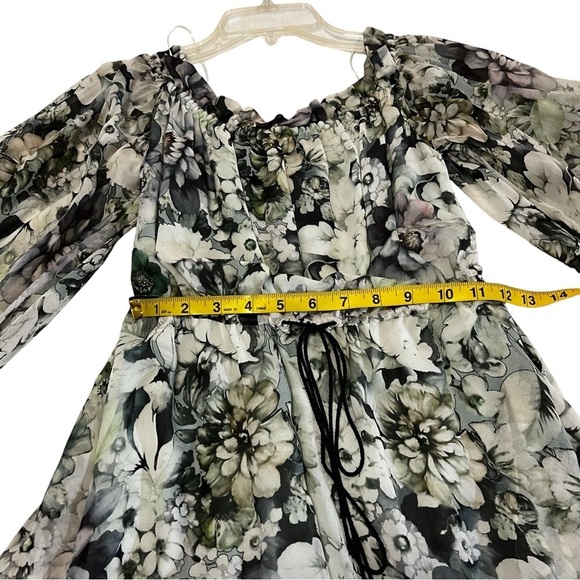NICHOLAS Silk Evergreen Floral Dress Off the Shoulder Bell Sleeves Whimsigoth - Picture 9 of 16